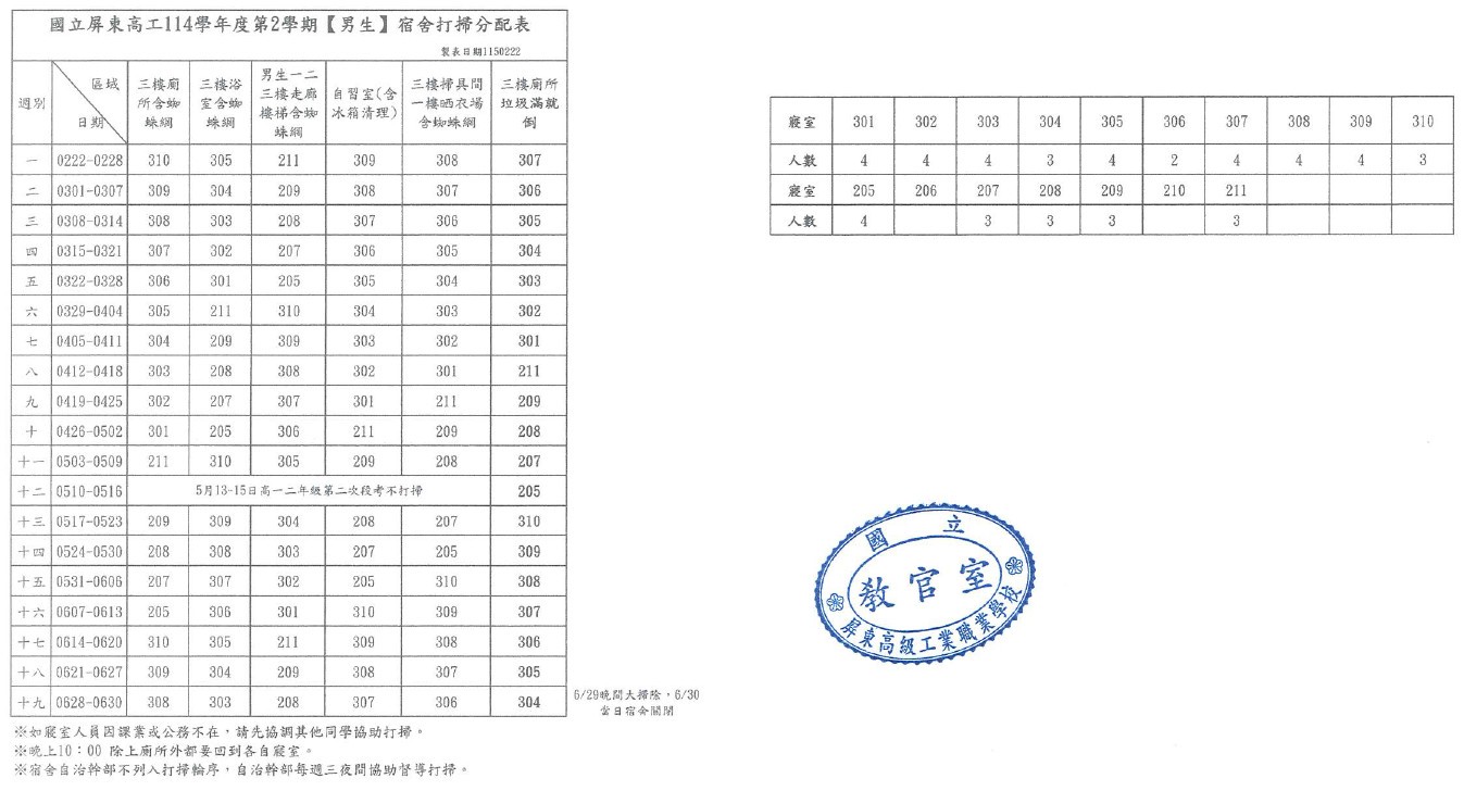 男宿舍打掃分配